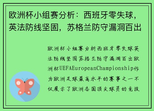 欧洲杯小组赛分析：西班牙零失球，英法防线坚固，苏格兰防守漏洞百出