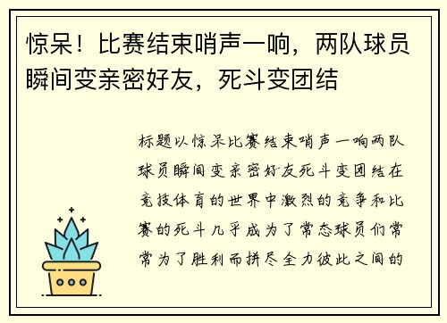 惊呆！比赛结束哨声一响，两队球员瞬间变亲密好友，死斗变团结