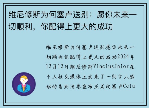 维尼修斯为何塞卢送别：愿你未来一切顺利，你配得上更大的成功