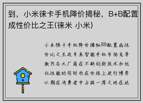 到，小米徕卡手机降价揭秘，B+B配置成性价比之王(徕米 小米)