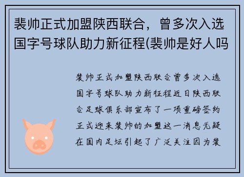 裴帅正式加盟陕西联合，曾多次入选国字号球队助力新征程(裴帅是好人吗)